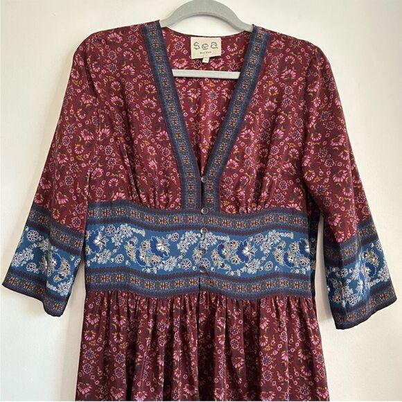 Sea Burgundy and Blue Silk Floral Dress - Picture 5 of 16